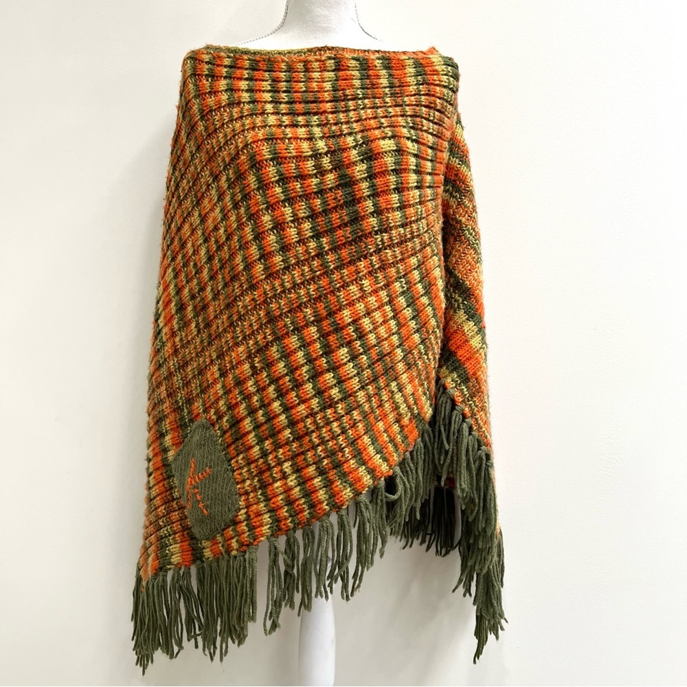 Vintage 70’s handmade crochet knit poncho yellow orange green fringe initial K